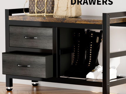 Hall Tree With 2 Movable Drawers, Shoe Storage, Shelves, Garment Racks, And 23 Hooks For Entryway - Rustic Brown
