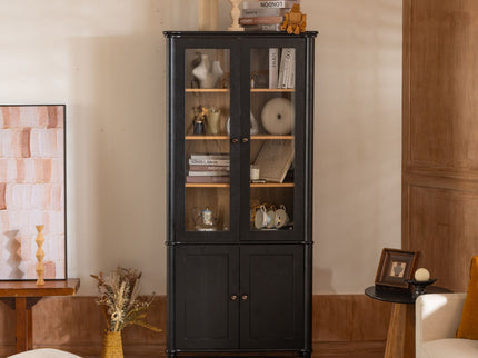 Vintage Display Cabinet With Double Glass Doors, Traditional Style For Collectibles, Ash Wood Veneer, 73.25" Tall - Black / Natural