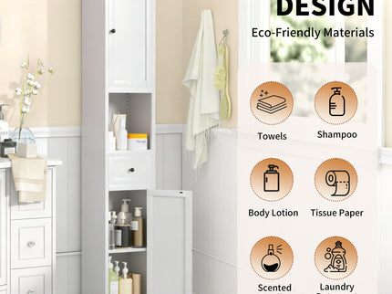 Tall Narrow Bathroom Cabinet With 5-Tier Storage, Adjustable Shelves, Freestanding - White