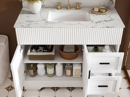 Bathroom Vanity Set, Fluted Cabinet, Soft Close Doors & Drawers, 3 Faucet Holes, Sink Included - White