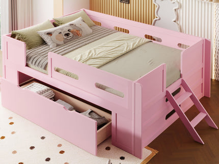 Platform Bed With Guardrail And Drawer