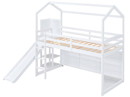 House Loft Bed With Slide, Storage Shelves And Light, Climbing Ramp