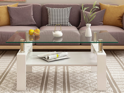Modern Rectangular Coffee Table With Tempered Transparent Glass Top And Storage Shelf