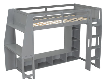 Gaming Loft Bed With Desk, Multi Storage Shelves, LED Lighting, And Hanging Clothes Rack