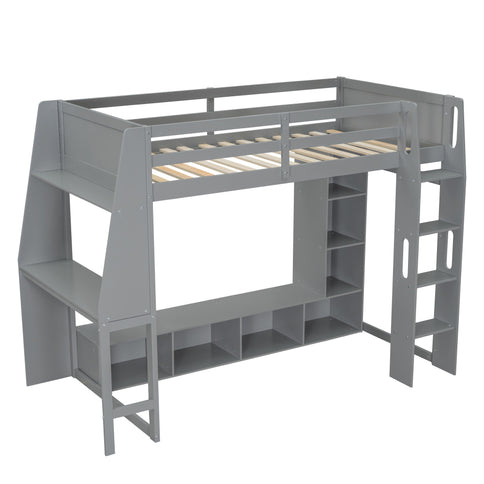 Gaming Loft Bed With Desk, Multi Storage Shelves, LED Lighting, And Hanging Clothes Rack
