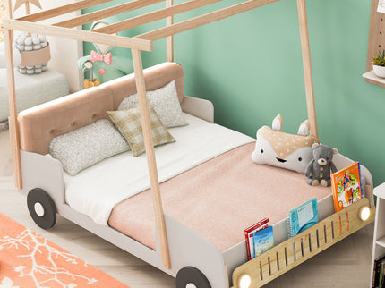 Twin Size Car Bed & Pillow, Ceiling Cloth And LED - Natural