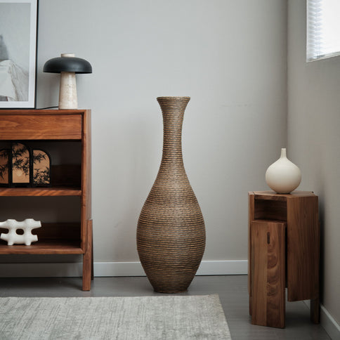 Tall Artificial Rattan Floor Vase In Elegant Statement Piece For Living Room Decor, Entryway, Or Hallway Versatile Home Accent For Dried Or Silk Floral Arrangements - Beige / Gray