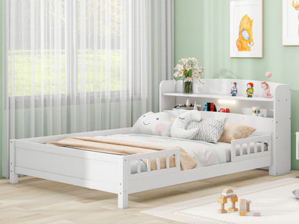 Wood Platform Bed With Built In LED Light, Storage Headboard And Guardrail