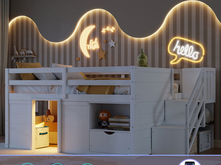 Low Loft Bed Frame With Built In Stairs, Storage Drawer, Shelf And 7 Color LED Light