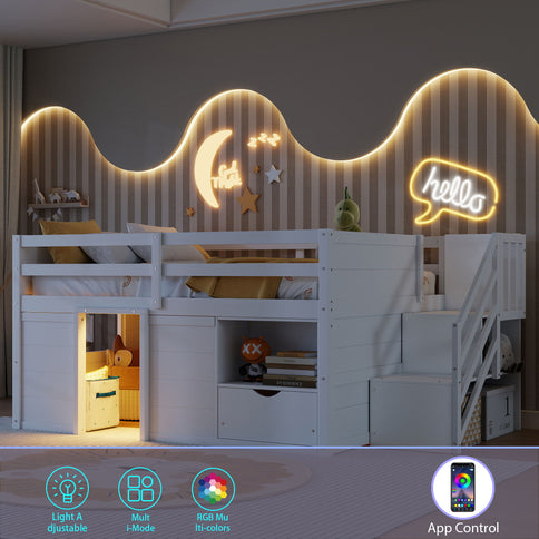 Low Loft Bed Frame With Built In Stairs, Storage Drawer, Shelf And 7 Color LED Light
