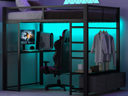 Full Size Gaming Loft Bed With LED Desk, Open Wardrobe, 3 Linen Storage Drawers - Black