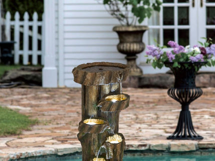 Rustic Decorative Tree Trunk 5 Tier Water Fountain, With Light And Pump, For Indoor And Outdoor - Brown