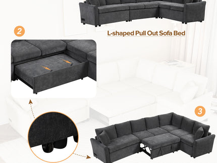 L-Shaped Sofa Convertible Sofa Bed Pull Out Sofa Sleeper With Two Back Pillows, Two USB Ports And Two Power Sockets For Living Room