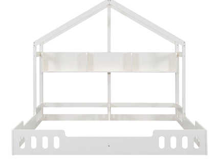 Twin Size Platform Bed With Shared Design, Guardrails, And Built In Shelves - Creamy White