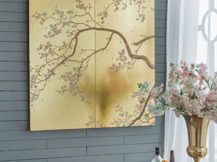 Cherry Blossom Wall Art Panels, Wall Decor For Living Room Dining Room Office Bedroom (Set of 2) - Gold
