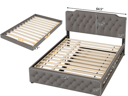 Upholstered Platform Bed With Trundle And 2 Sets Of USB Ports On Each Side, Fabric