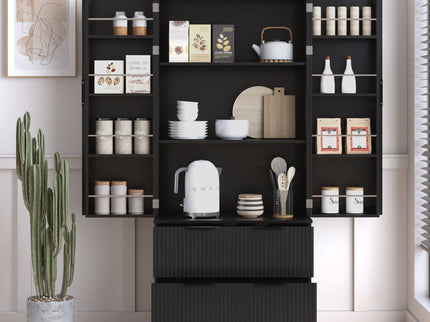 Fluted Kitchen Pantry Cabinet With 2 Large Drawers & 8 Door Spice Rack
