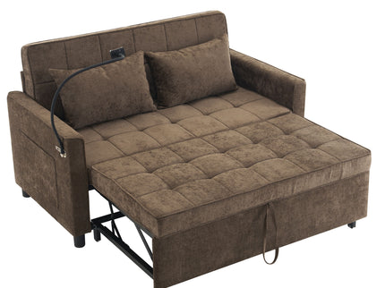 Pull-Out Sleeper Sofa With Reversible Backrest Cushion, Side Pockets, 2 USB Ports And A Phone Holder For Living Room