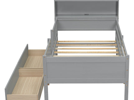 Platform Bed With LED Light, Multi Functional Headboard, Guardrail And 2 Drawers
