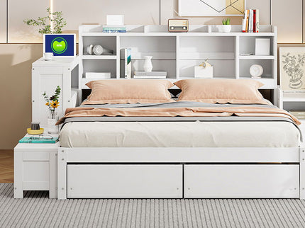 Platform Bed With Multi Functional Storage Space, Nightstand, 2 Drawers, USB Ports And Desk