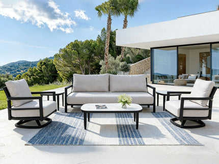 Outdoor Conversation Set With Chairs, Bench Sofa, Tables, Sunbrella Cushions