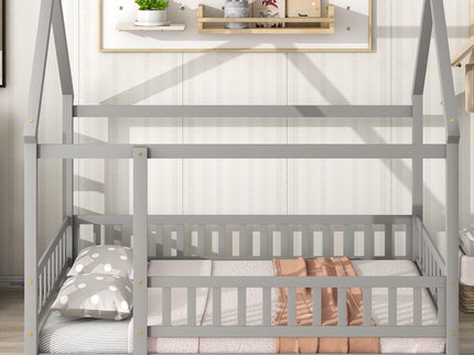 Floor Wooden Bed With House Roof Frame, Fence Guardrails