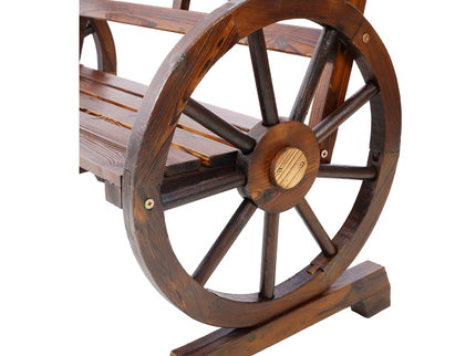 Rustic Country 2 Person Wooden Wagon Wheel Bench With Slatted Seat And Backrest - Brown
