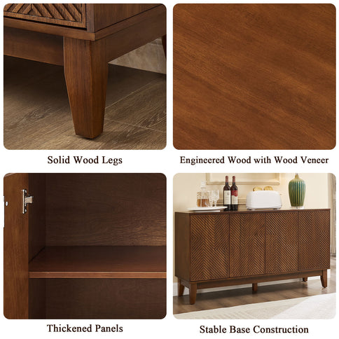 TV Stand With Carved Geometric Doors Storage Cabinet, 4 Door Media Console For Living Room - Walnut