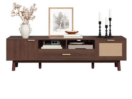 TV Stand For 75" TVs With Soft Closing Doors, Console With Accents And Drop Down Cabinet - Dark Brown