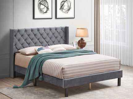 Velvet Button Tufted-Upholstered Bed With Wings Design Strong Wood Slat Support Queen Platform Bed - Gray