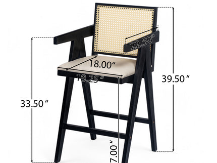 Woven Cane Plastic Backrest Bar Stool Foam Padded Fabric Seat & Durable Rubberwood Frame - Cream Gray