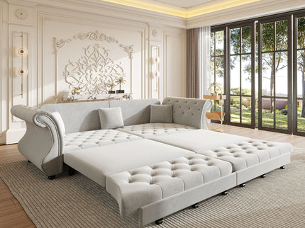 Oversized Chesterfield Pull Out Sofa Bed, Roll Arm Couch With Flower Tufting For Living Room