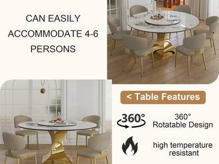 Luxury Round 59" Sintered Stone Dining Table With Stainless Steel Hourglass Base, Scratch & Heat Resistant Surface - Golden / White