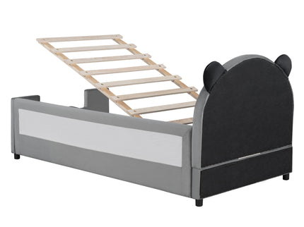 Upholstered Daybed With Bear Shaped Headboard, Hydraulic System And Breathable Fence