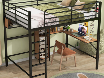 Full Size & Loft Bed With L-Shaped Desk And Shelves - Black