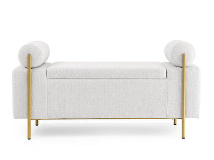 Elegant Upholstered Storage Bench With Cylindrical Arms And Iron Legs,