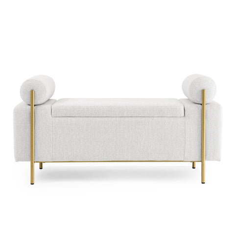 Elegant Upholstered Storage Bench With Cylindrical Arms And Iron Legs,
