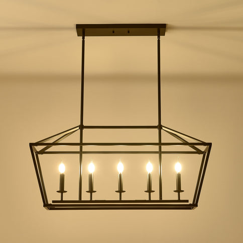 5 Light Farmhouse Kitchen Island Lighting, 5 Light Industrial Linear Chandelier For Dining Room Metal Hanging Pendant Light Fixture For Bedroom Living Room Hallway Conference Room - Matte Black