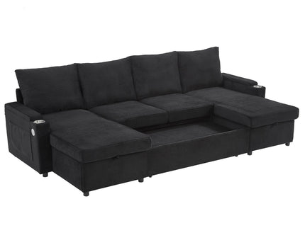 U Shaped Sectional Sofa Bed With Storage Chaise Lounges, USB Ports, And Cup Holders