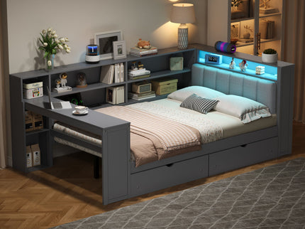 Platform Bed With Upholstered Headboard, Storage Shelves, Drawers, Charging Station, LED Lighting, Built In Desk