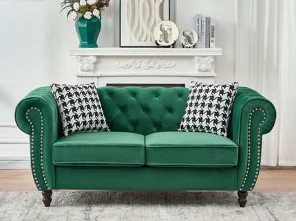 Chesterfield Fabric Sofa With Roll Armrest And Nailhead, Mid Century 2 Seater Couch