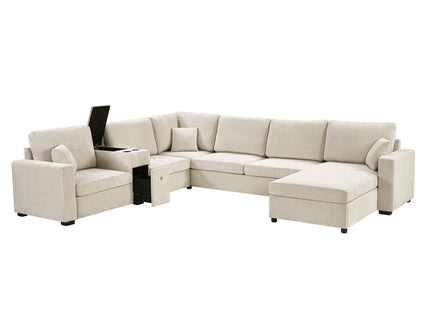Modular 5 Seat U-Shape Sectional Sofa With Chaise Lounge, Built In Cup Holders And Storage Drawer