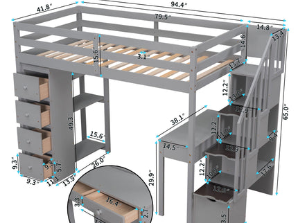 Loft Bed With Storage Drawers, Desk And Stairs With Shelves