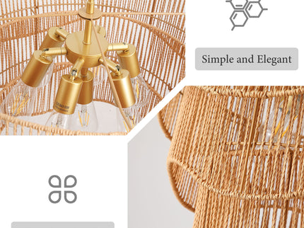 Chandelier With 7 Light E26 Base, Adjustable Height Wave Pendant Light For Living Room - Gold