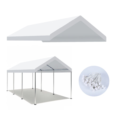 10 X 20 Ft Carport Canopy Cover Replacement Heavy Duty Waterproof Fabric With 36 Bungee Cords UV & Tear Resistant (Cover Only) - White
