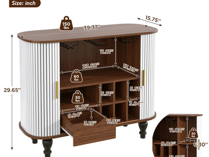 Fluted Liquor & Coffee Bar Cabinet With 6 Wine Racks And 3 Glass Holders