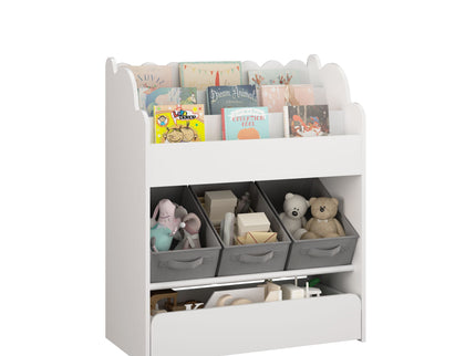 Bookshelf With Storage Bins And Drawer, Multi Functional Book Organizer For Toddlers - White