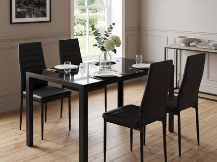 5 Pieces Dining Table Set For 4, Kitchen Room Tempered Glass Dining Table, 4 Faux Leather Chairs - Black