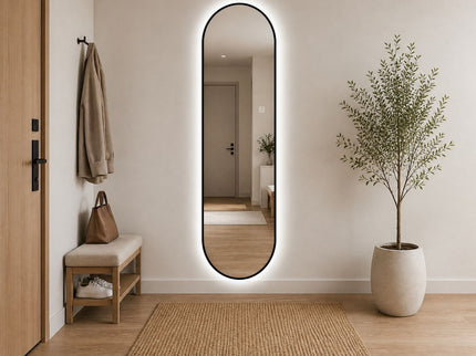 Capsule Shaped Dimmable LED Full Length Wall Mirror With Frame - Silver