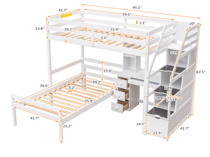 Loft Bed With Stand Alone Bed, Storage Staircase, Desk, Shelves, And Drawers